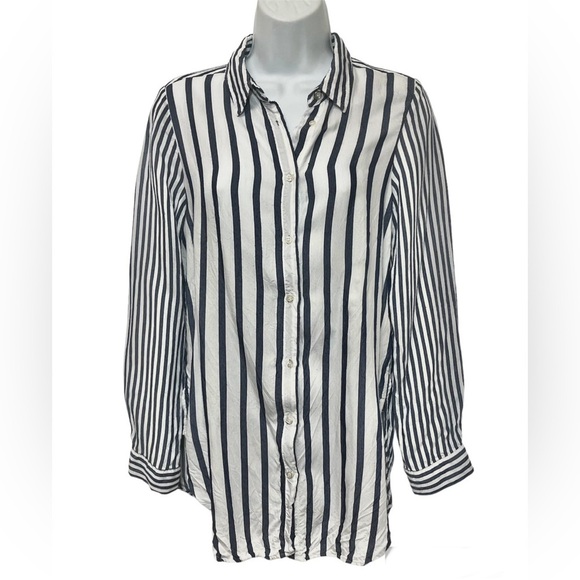 Zara Striped Blouse Button Down Shirt Size S Navy Blue White Nautical Classic‎ - Picture 1 of 8